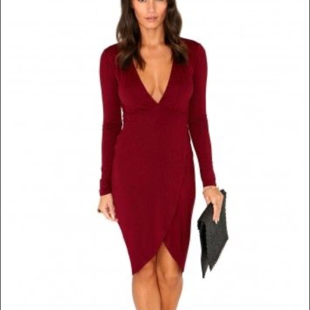 Burgundy Plunge Neckline Wrap Dress